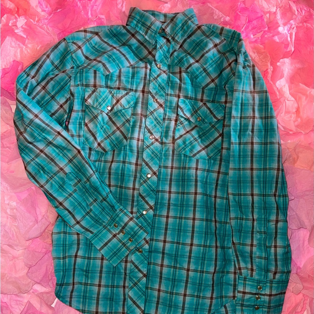 Wrangler western fashion plaid blue, light black, and white snap-button shirt